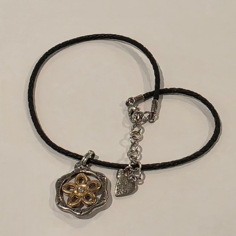 Brighton Silver & Gold Tone Flower Pendant Necklace Black Leather Cord